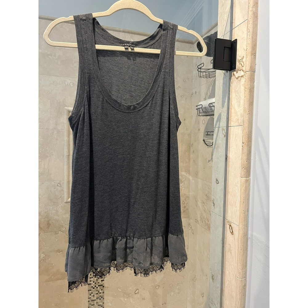 Theory Lilany Lace Hem Silk Tank Peplum Top S Gray Black 911R4557